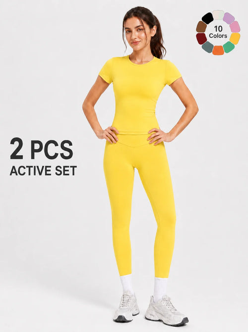 Ladies Sportswear Set (Short Sleeve Top + Long Pants) Fitness Gym
