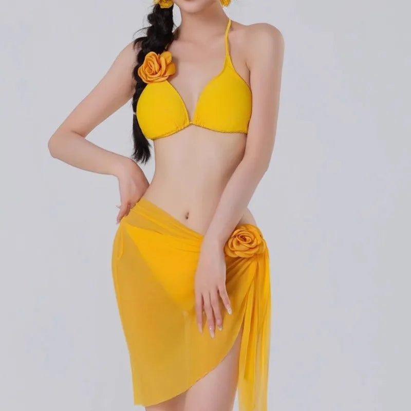 2026 New Women's Thai Style Yellow Floral 3 Piece Swimsuit Set Sexy
