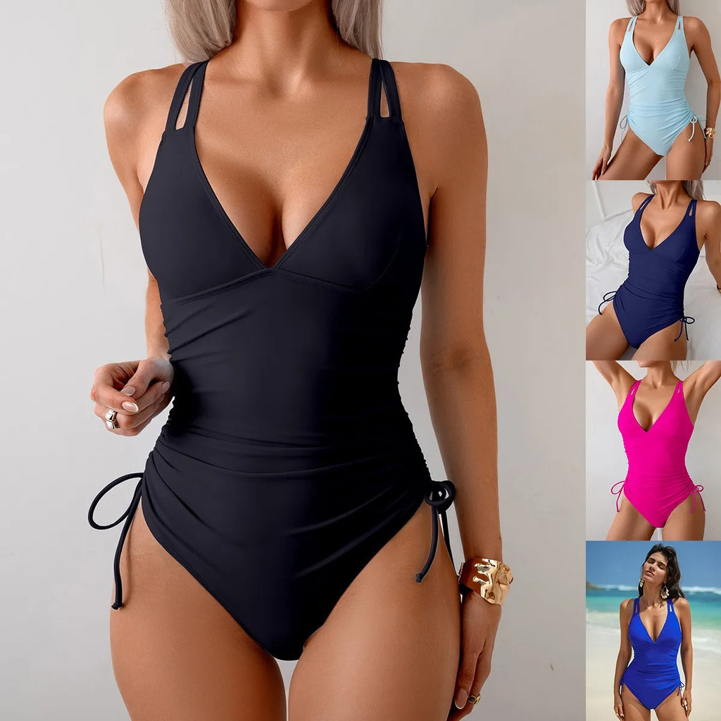 Solid Black Swimsuit V Neck Ruched Waist One-Piece Swimsuit Halter