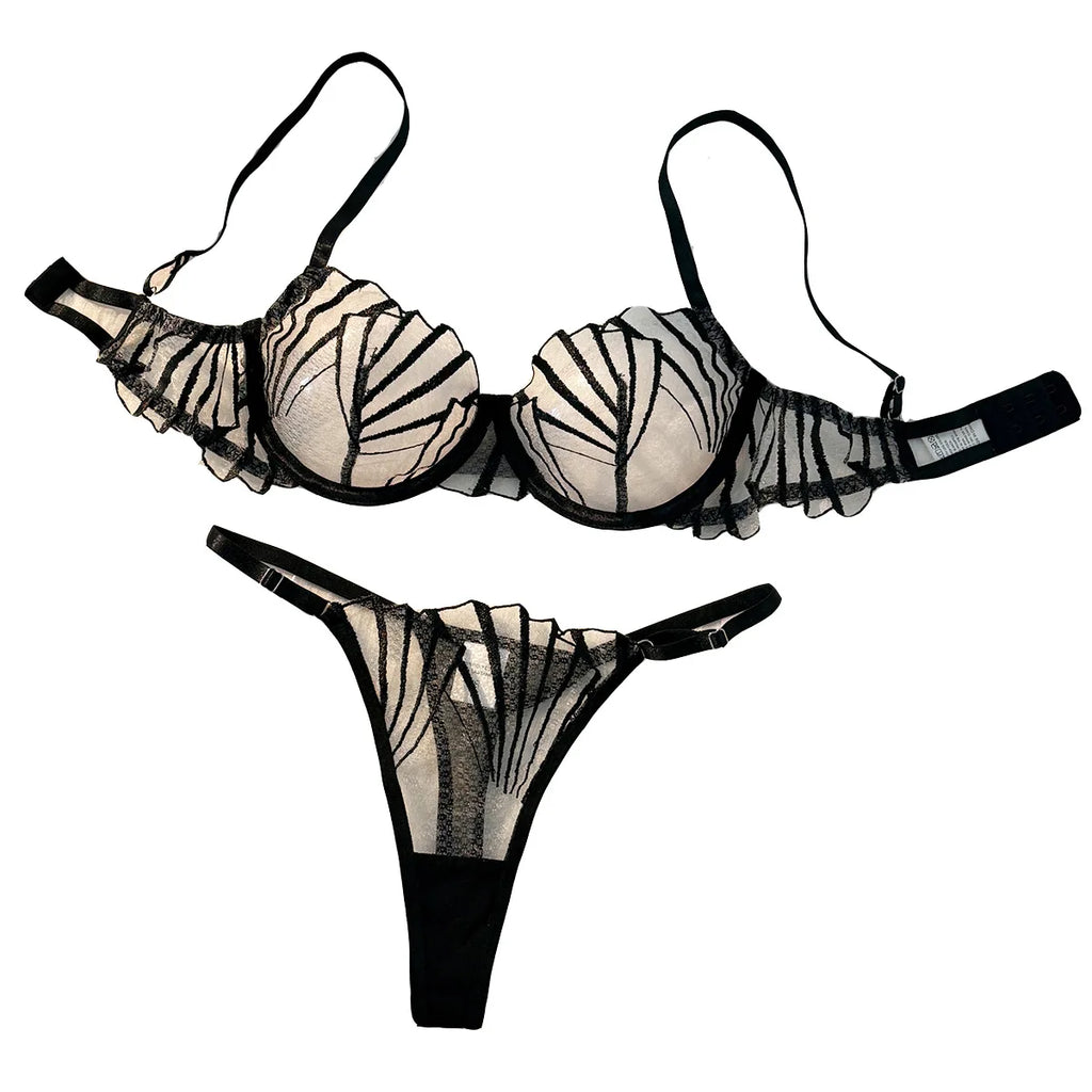 Women Striped Sheer Mesh Lingerie Set Geometric Embroidery Underwire