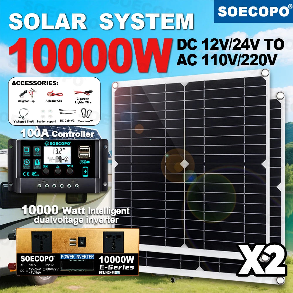 SOECOPO10000W Peak Solar System Kit 2x300W Solar Panels DC 12V 24V -
