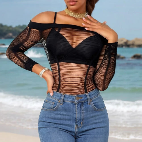Hollow Out Fishnet Beach Cover Up Bodycon Dress, Sheer Mesh Festival