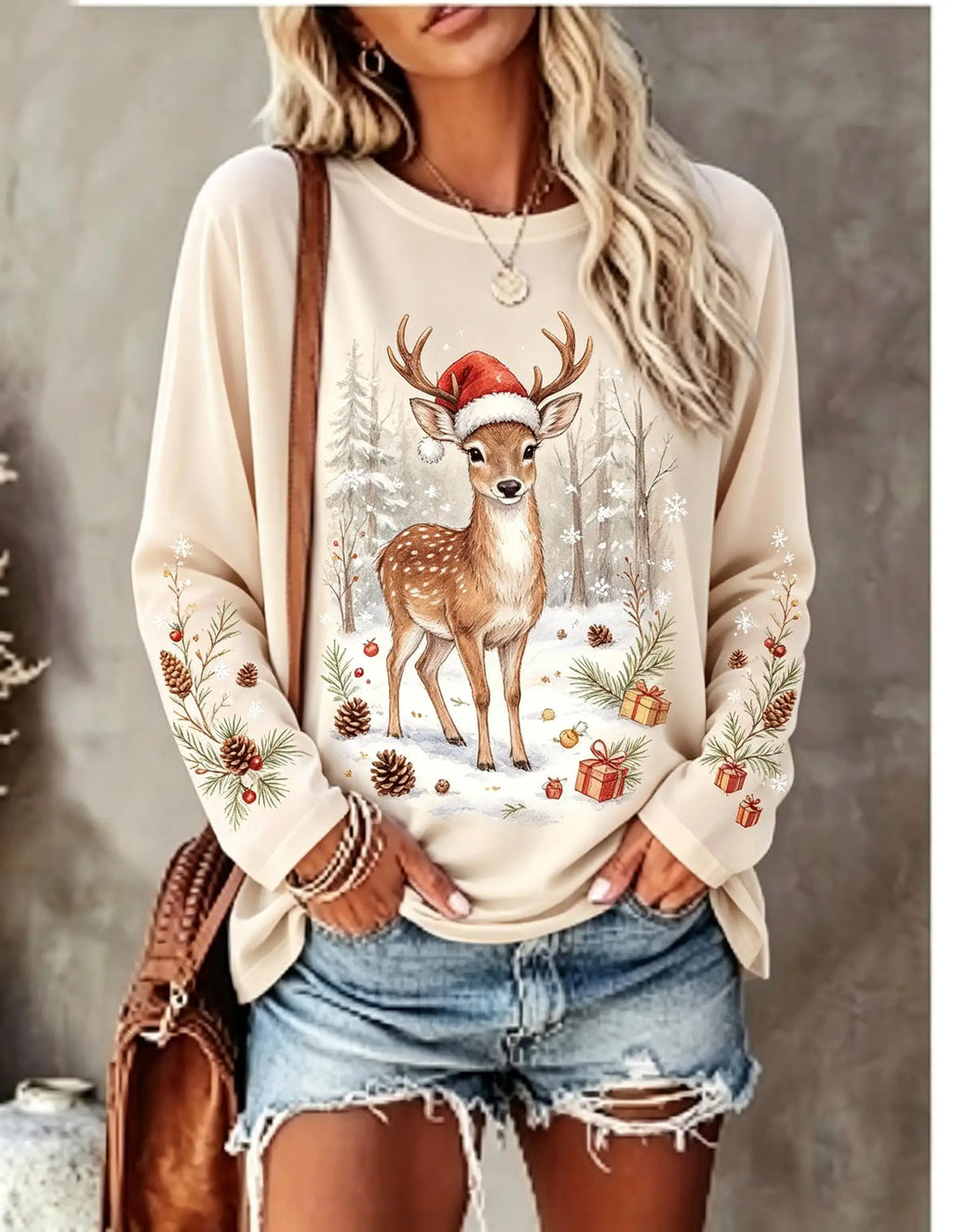 Women Long Sleeve T Shirt Christmas Spotted Deer Santa Hat Snow Forest