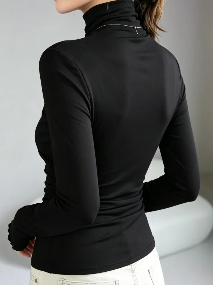 Autumn Women Turtleneck Long Sleeve Top Elegant Diagonal Ruched Slim