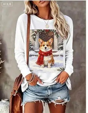 Women Long Sleeve T‑Shirt Christmas Rabbit With Scarf Winter Snow