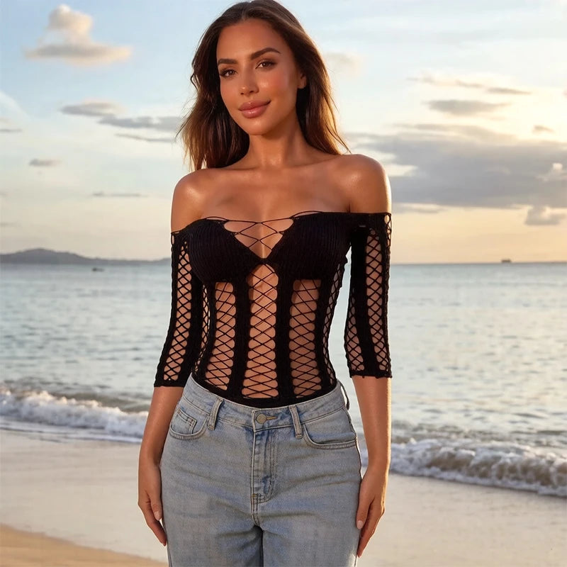 1 PC Long Sleeve Hollow Out See-through Top Sexy Fishnet Top Women