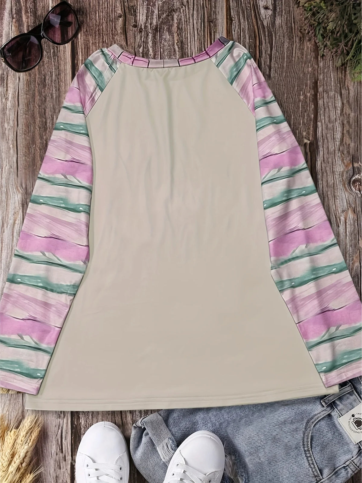 Women's Coffee Cat Print Top White Pink Grey Stripe Sleeve Cute Long