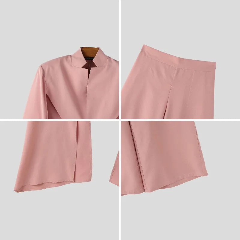 INCERUN Men's Sets Solid Color Stand Collar Long Sleeve Crop Blazer