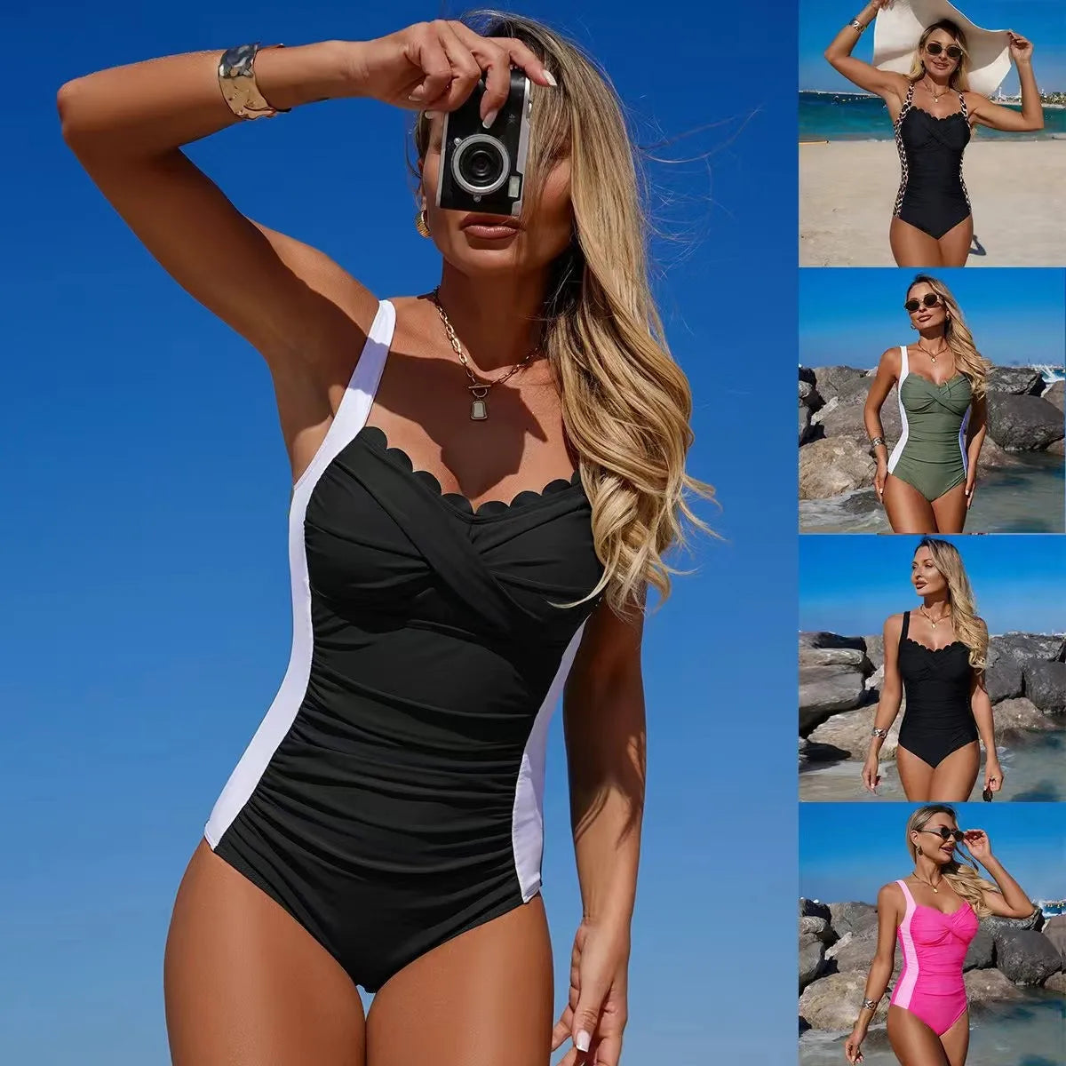 Black Swimsuit Scalloped Neckline Twisted Front Olive Green One-Piece