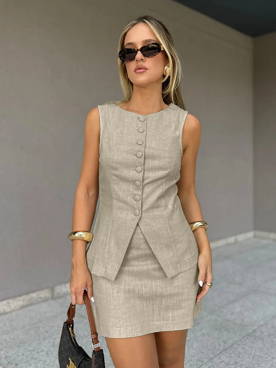 Bornladies 2026 Summer New Linen Vest  Mini Skirt Set Women's Buttoned