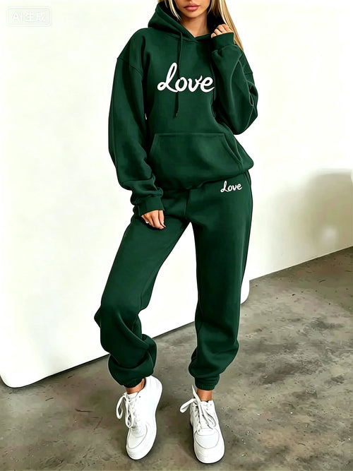Women Heart Print Hoodie Tracksuit 2 Piece Set Autumn Winter Hooded