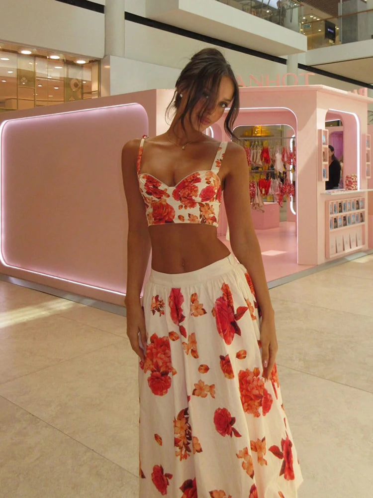 Chic Rose Floral Print Two Piece Suit Sexy Shoulder Bustier Top High