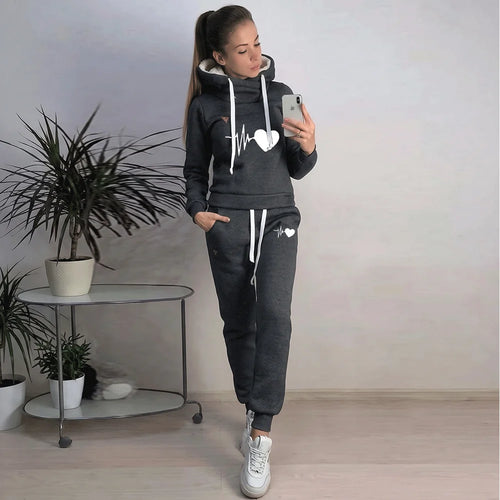 Winter Warm 2 Piece Set Women Fleece Tracksuit Heart Print Pullover