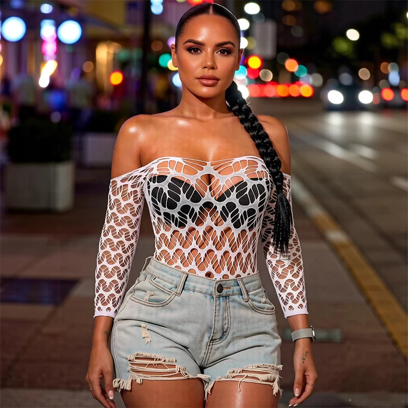 Women Summer Bodycon Top Long Sleeves Beach Cover Up Hollow Out