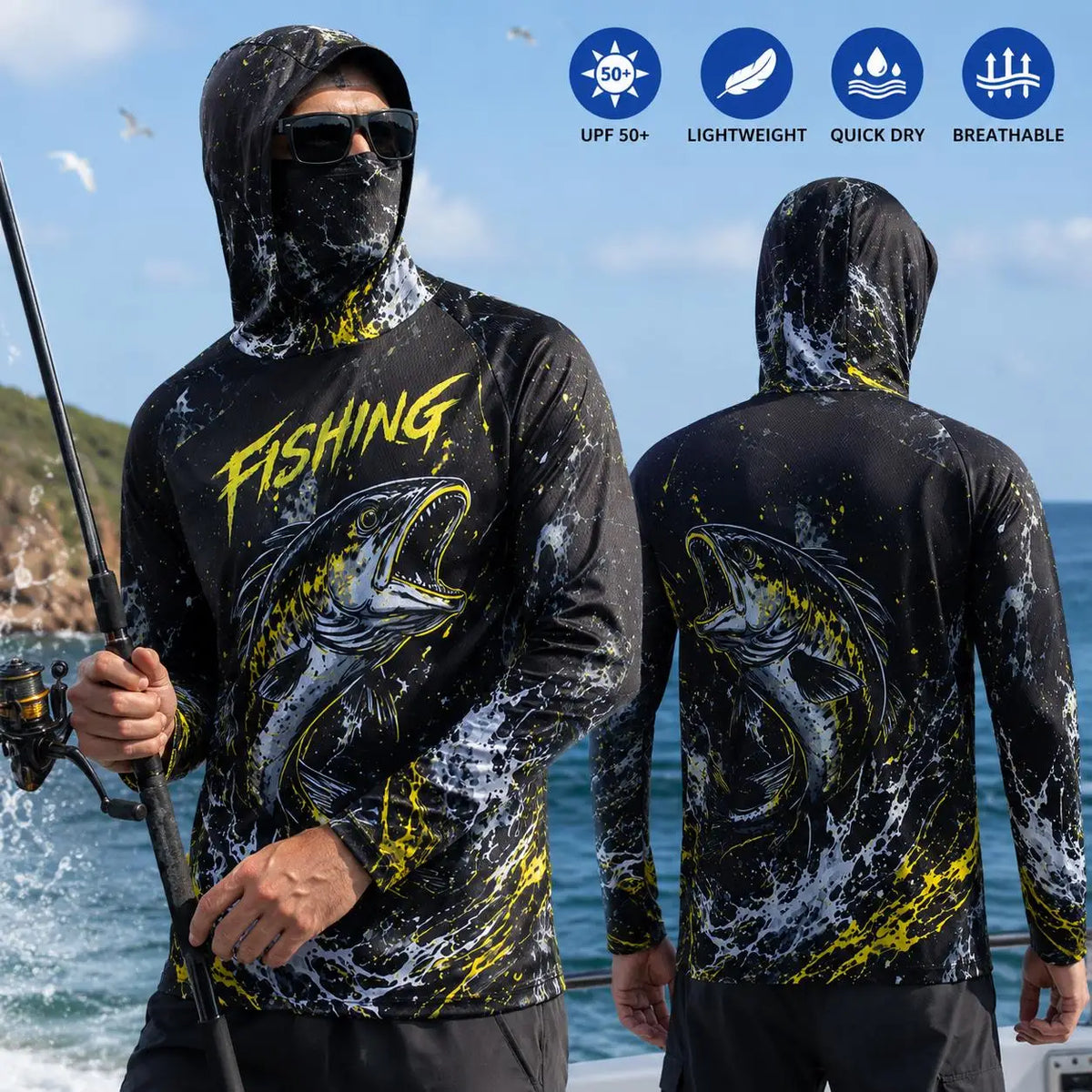 Men's Hooded Fishing Shirt, UPF Sun Protection, Breathable, Long