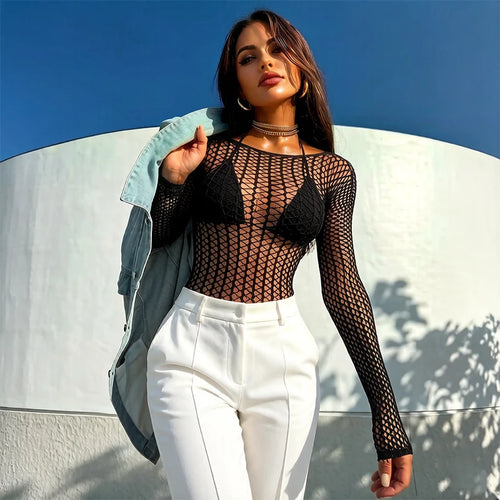 1 PC Long Sleeve Hollow Out See-through Top Sexy Fishnet Top Women