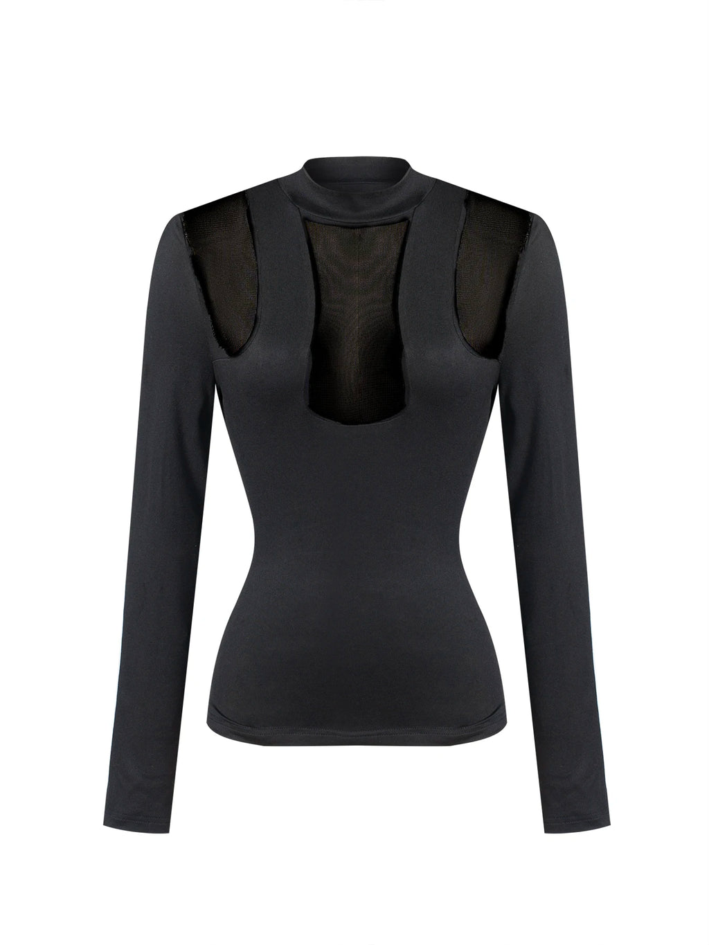 Women Mock Neck Mesh Cutout Long Sleeve Top Hollow Out Sheer Patchwork