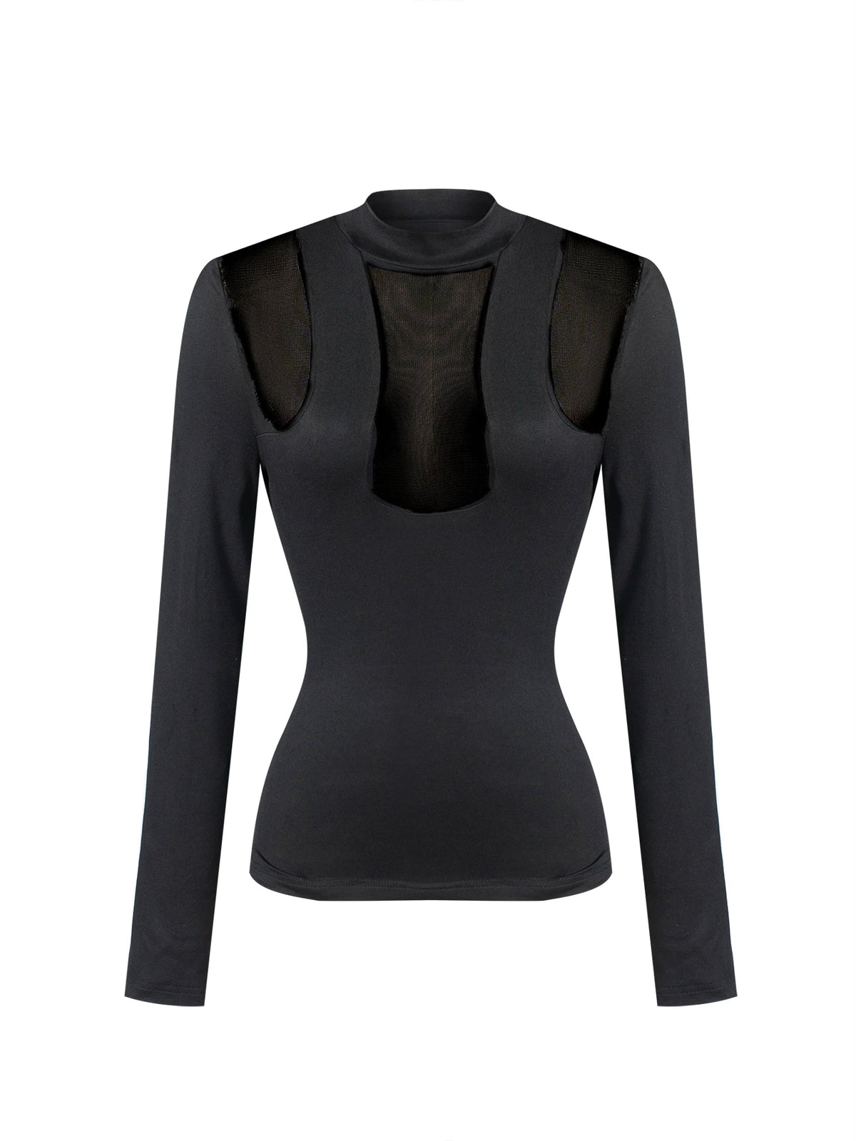 Women Mock Neck Mesh Cutout Long Sleeve Top Hollow Out Sheer Patchwork