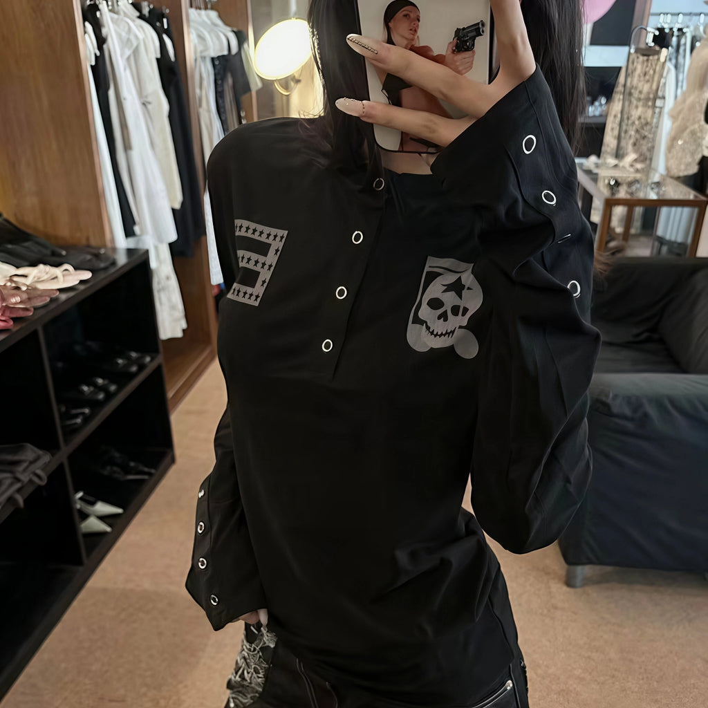 Women Henry Collar Long Sleeve Top Skull Badge Print Eyelet Decor