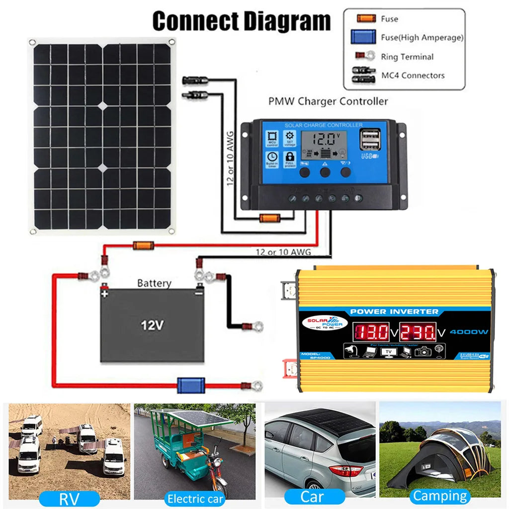 4000W Solar Inverter Kit Complete 12V to 110V/220V Solar Panel System