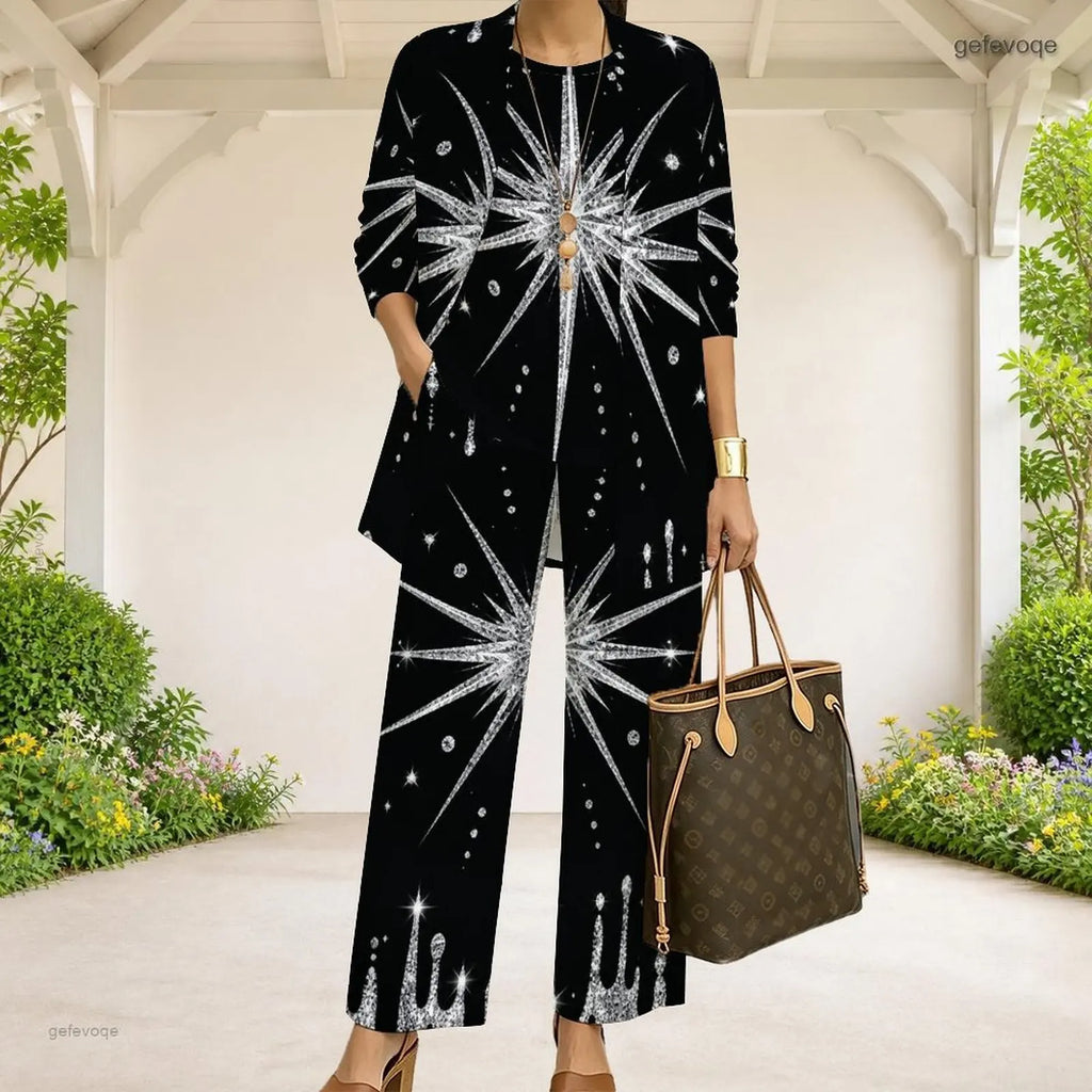 Women Black Dark Green Gold Abstract Swirl Printed 3 Piece Pants Set