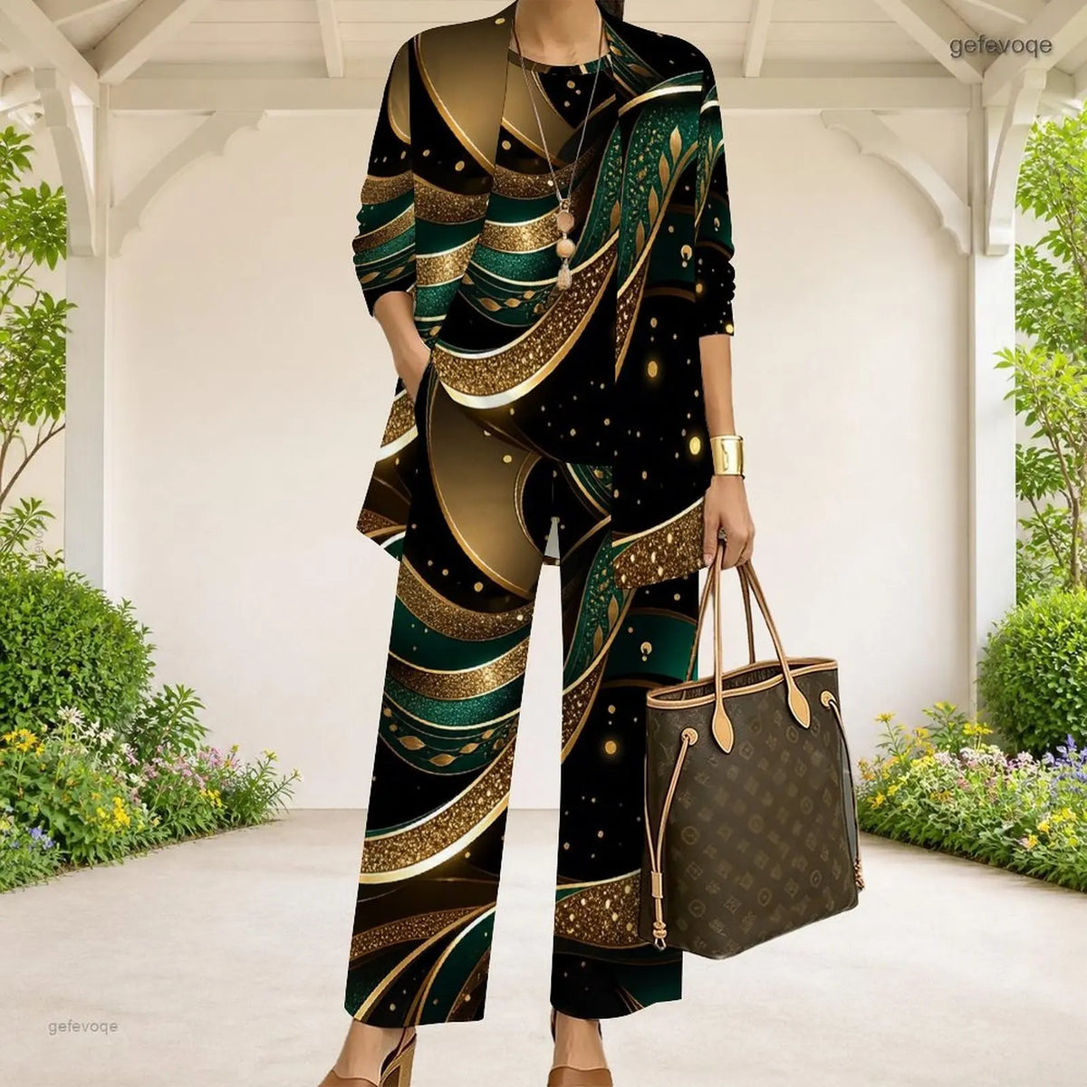 Women Black Dark Green Gold Abstract Swirl Printed 3 Piece Pants Set