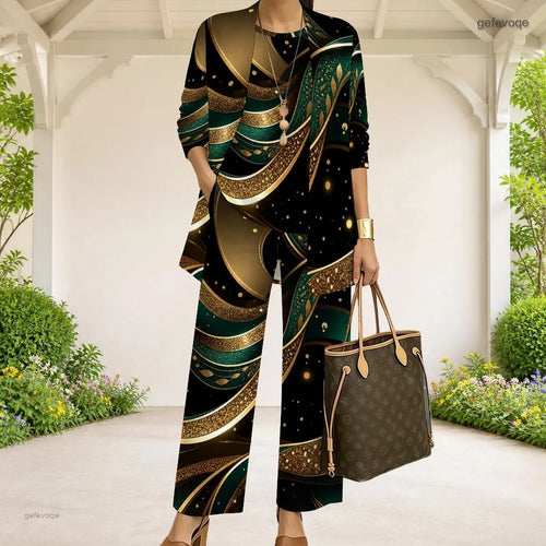 Women Black Dark Green Gold Abstract Swirl Printed 3 Piece Pants Set