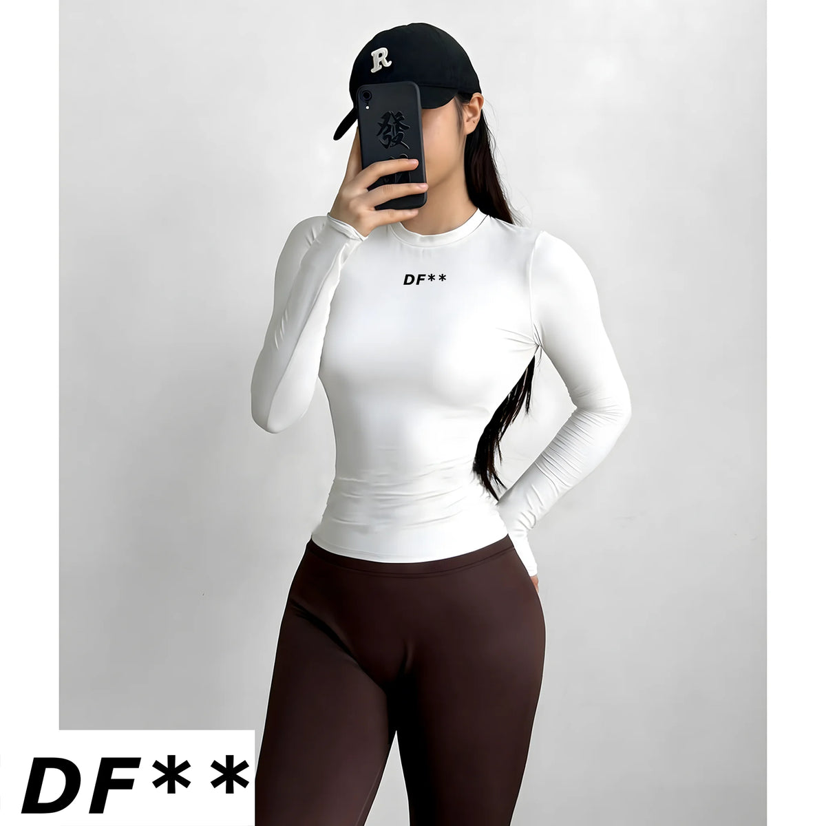 DF LOGO Women Seamless Long Sleeve Gym Top Tummy Slimming Yoga T Shirt
