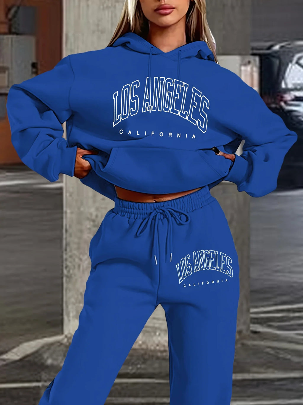 Women New Letter Graphic Print Hoodie Long Pants 2‑Piece Set Long