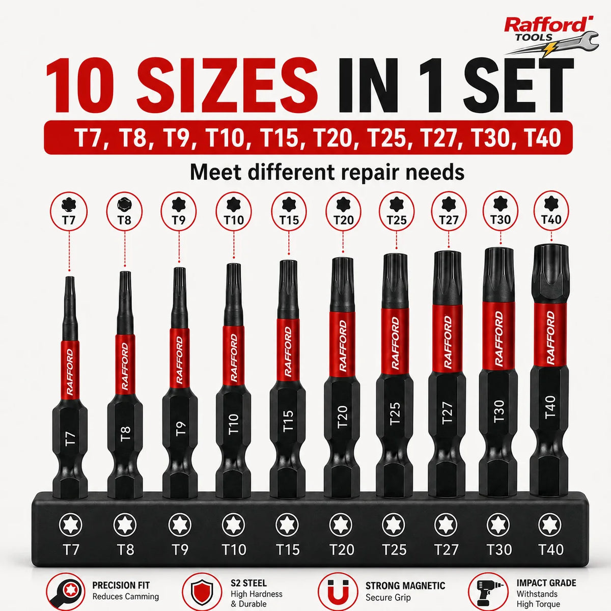 Rafford 10PCS Torx Impact Screwdriver Bits Set T7 T8 T9 T10 T15 T20