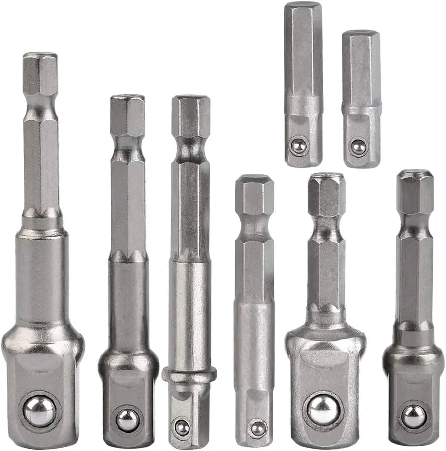 8Pcs Impact Socket Adapter Set, 1/4 3/8 1/2 Hex Shank Square Nut