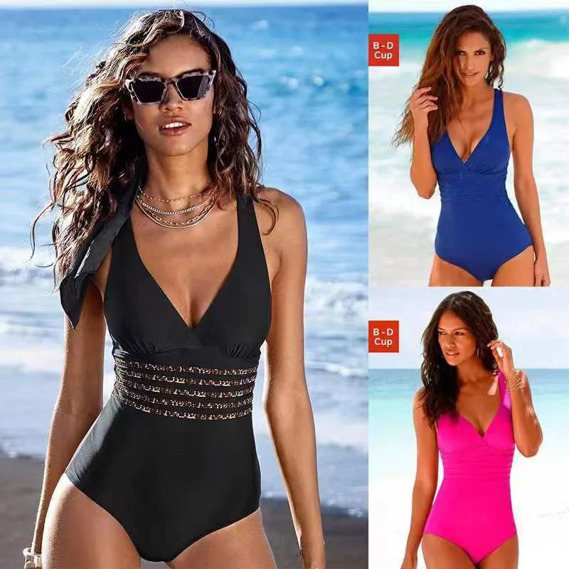Woman Swimsuit Tankini Solid Color Cross Back Swimwear V Neck Ruched