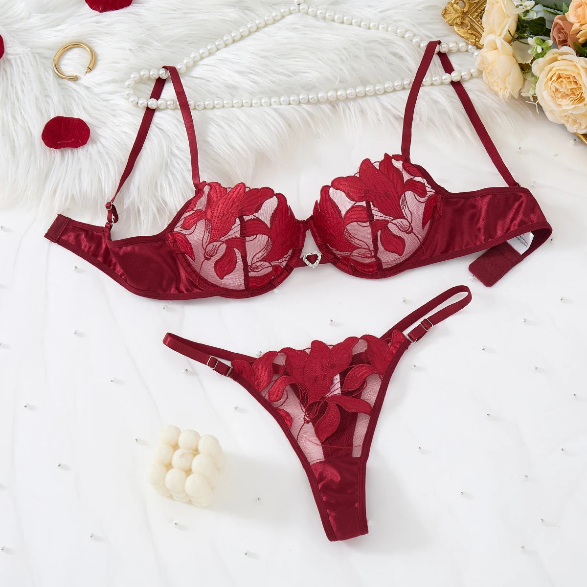Transparent Floral Two Pieces Exquisite Lace Lingerie Set Ultrathin