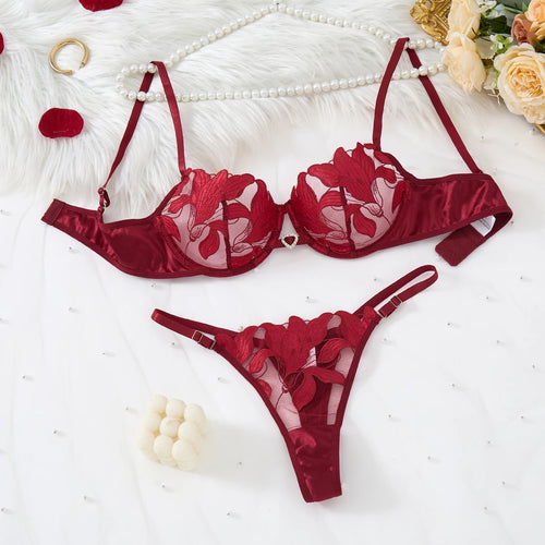 Transparent Floral Two Pieces Exquisite Lace Lingerie Set Ultrathin