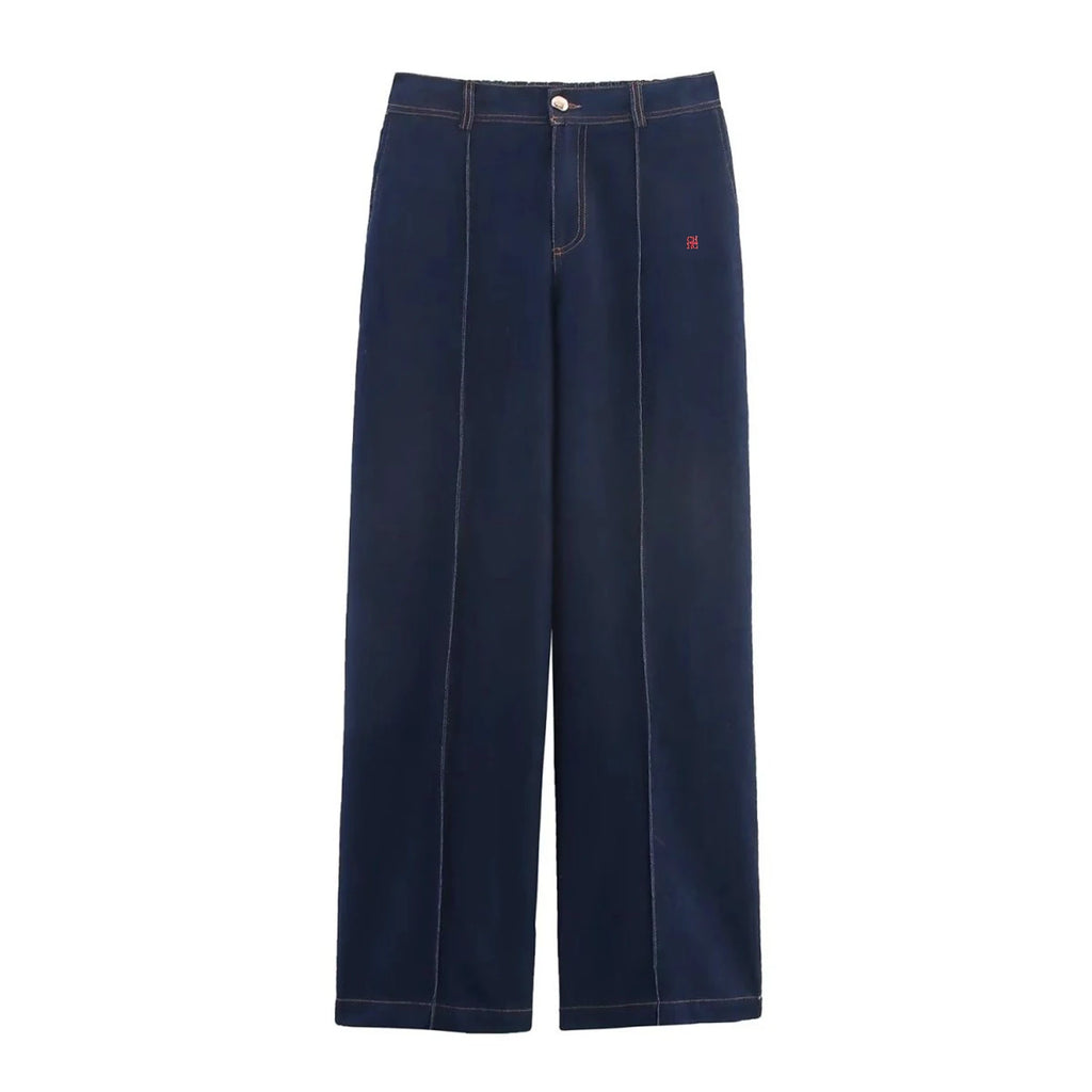 CH Dark Blue Denim Suit Loose Button-Down Denim Shirt High-Waisted