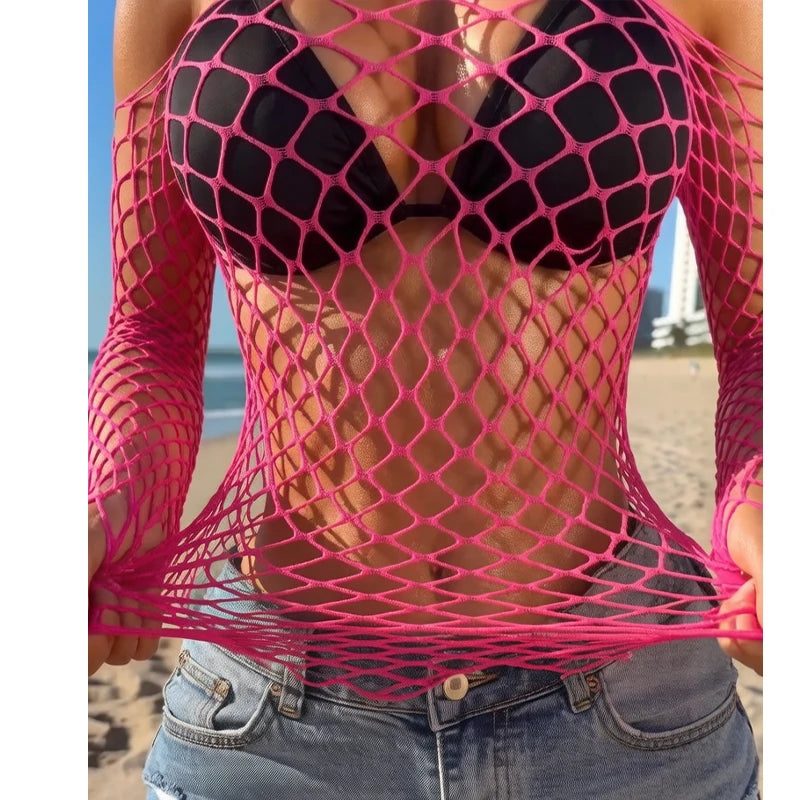 1 PC Long Sleeve Hollow Out See-through Fishnet Top Women Summer