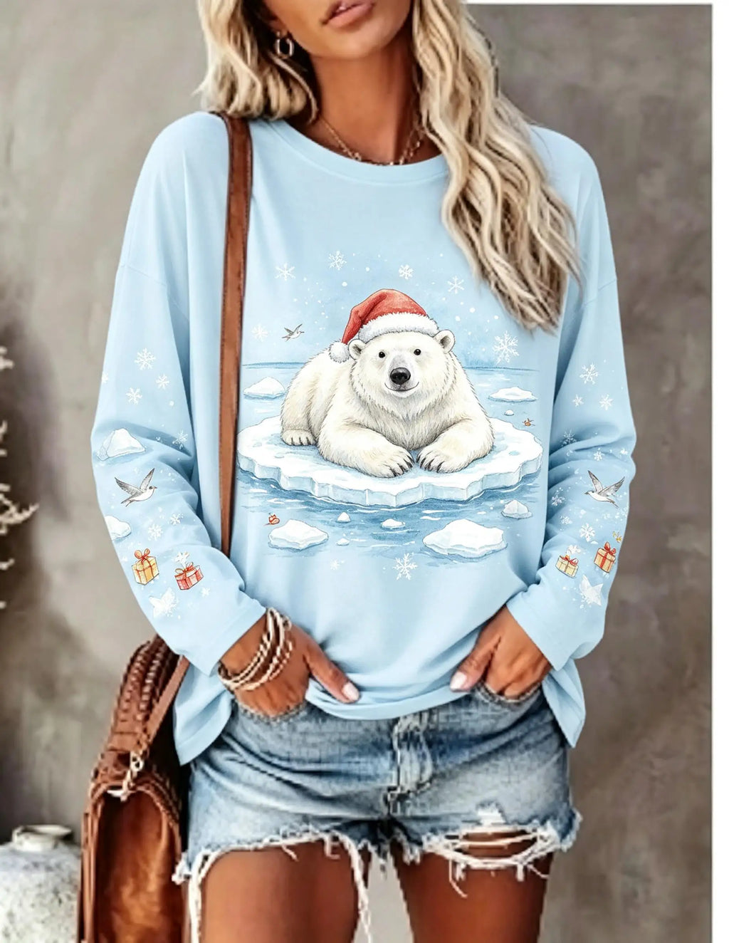 Women Long Sleeve T Shirt Christmas Spotted Deer Santa Hat Snow Forest