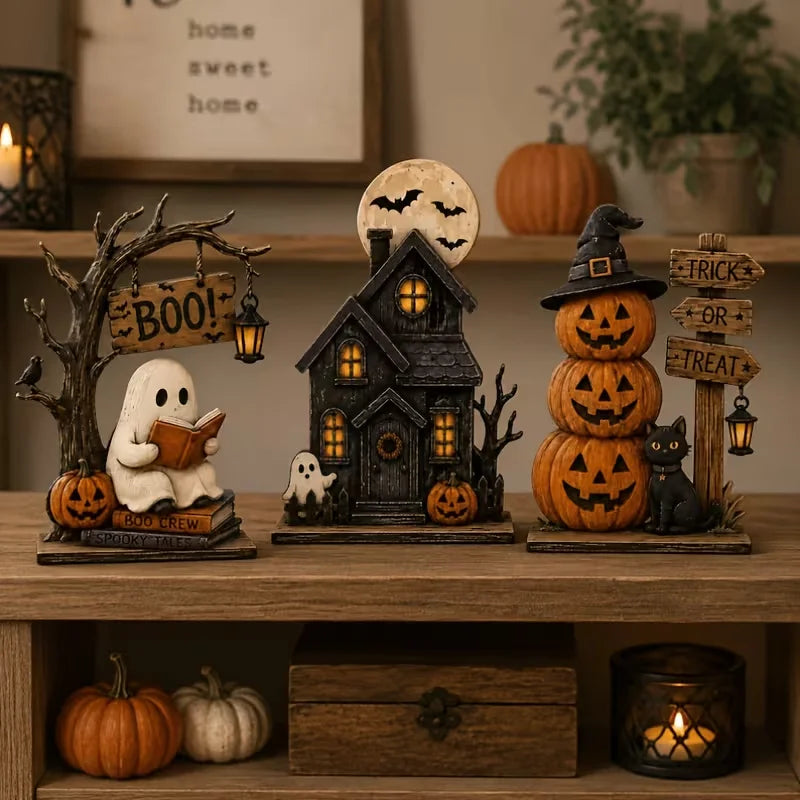 3pcs Halloween Wooden Decor Set, Vintage Autumn Shelf Decorations,