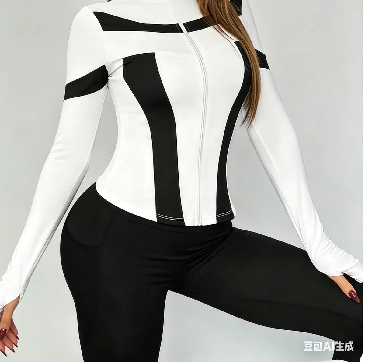Women Slim Fit Color Block Zip Up Workout Top Stand Collar Long Sleeve