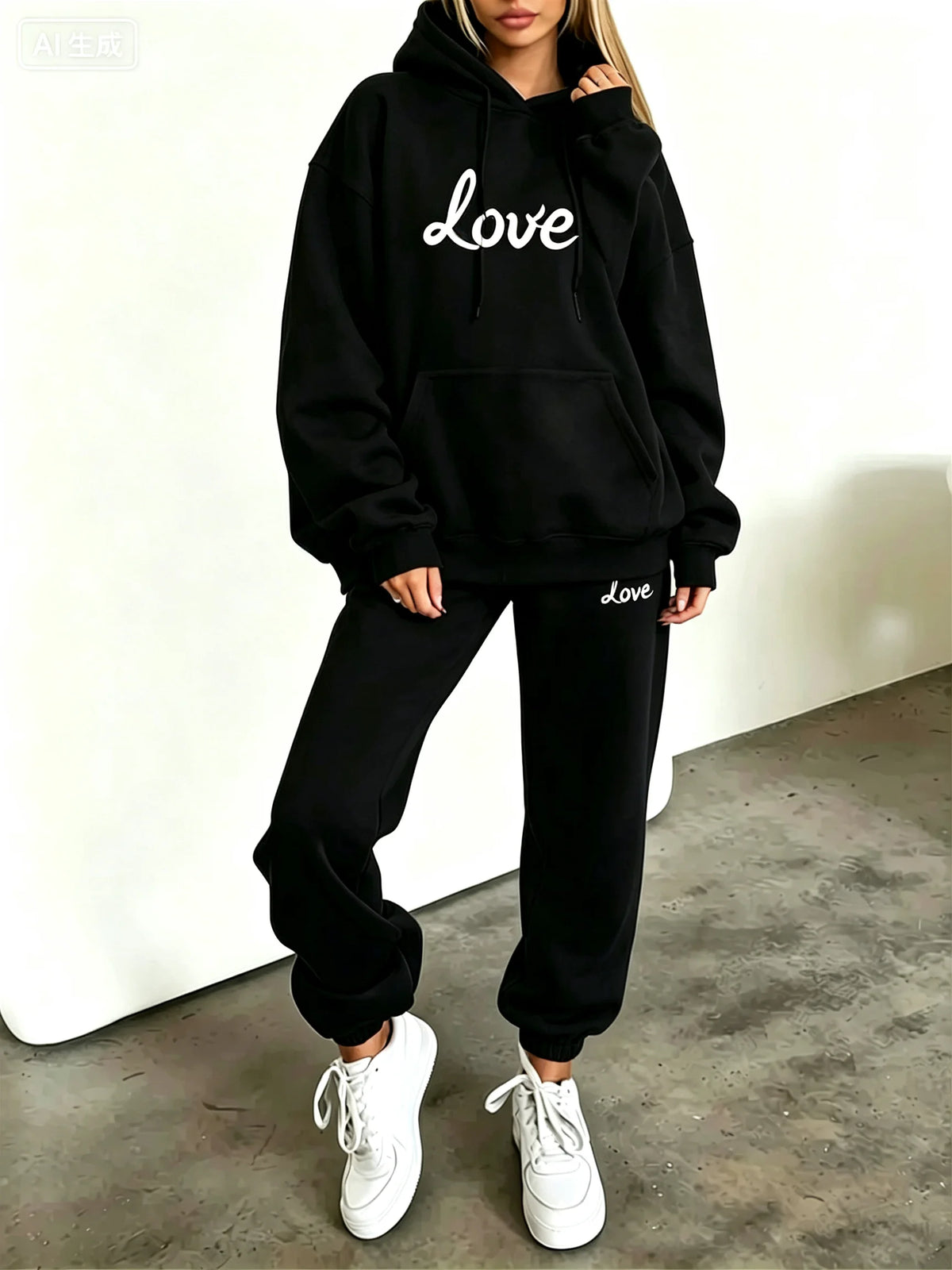 Women Heart Print Hoodie Tracksuit 2 Piece Set Autumn Winter Hooded