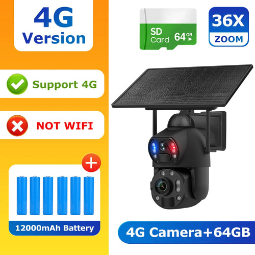 SHIWOJIA 4K 8MP 36X Zoom 4G Solar Camera Dual Lens Dual Screen Human