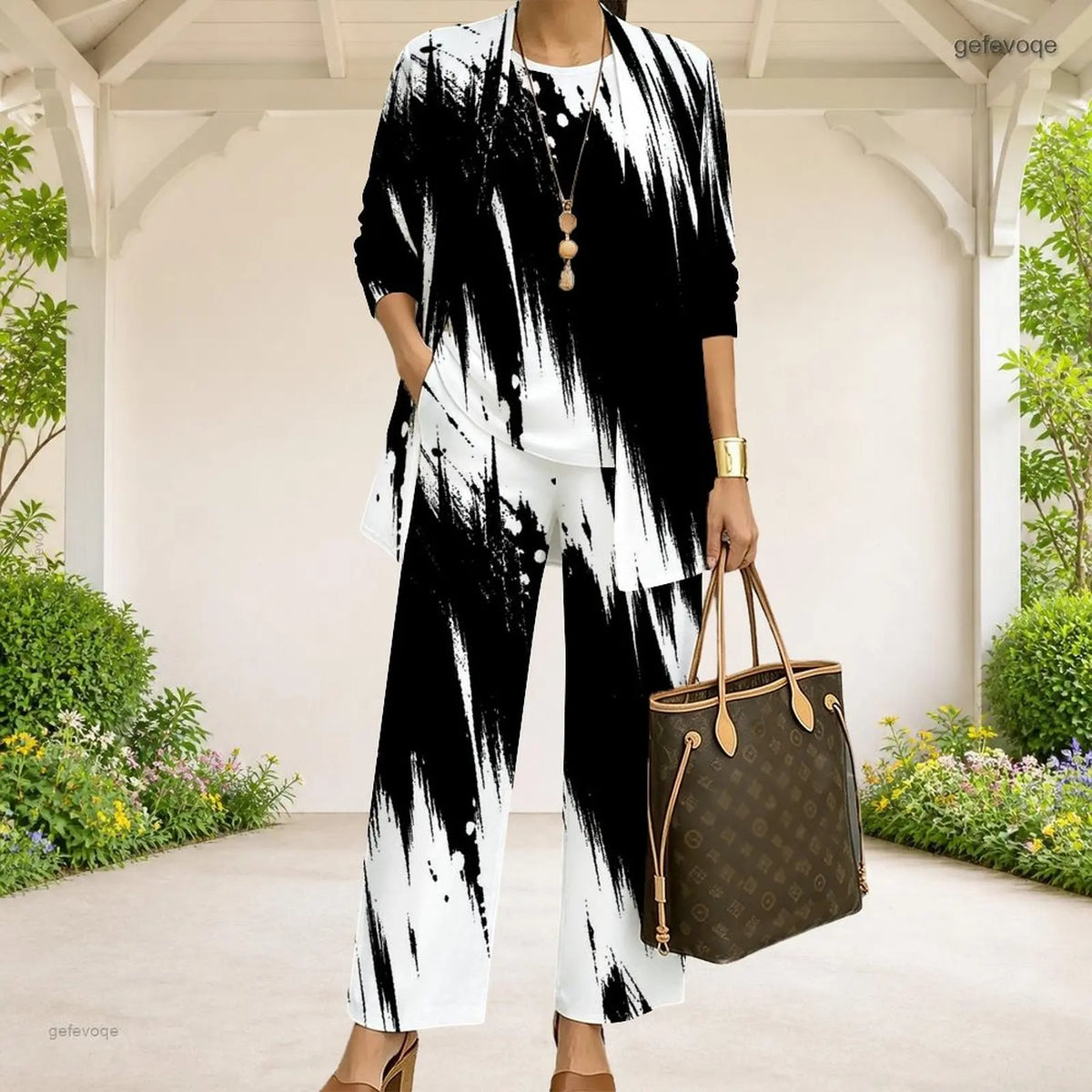 Women Black White Abstract Geometric Printed Long Sleeve Open Front 3