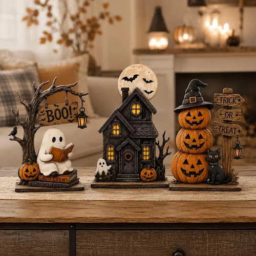 3pcs Halloween Wooden Decor Set, Vintage Autumn Shelf Decorations,