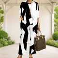 Women Black White Abstract Geometric Printed Long Sleeve Open Front 3