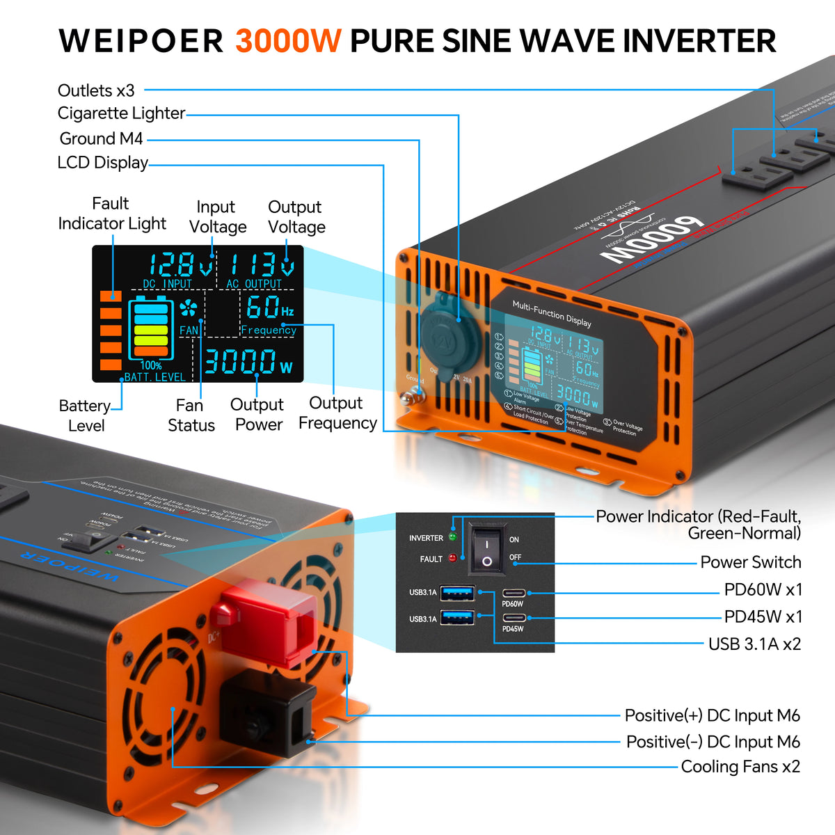 WEIPOER Pure Sine Wave Inverter DC 12V/24V to AC 120V 3000-6000W 60hz
