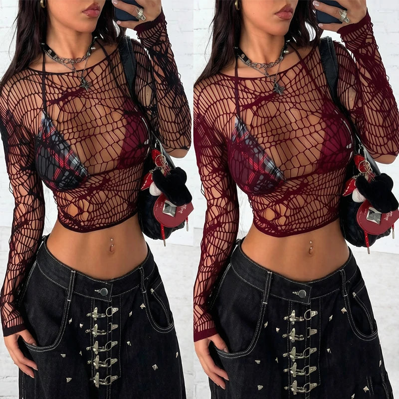 Women Top Long Sleeves See Through Hollow Out Fishnet Beach Cover Up ,