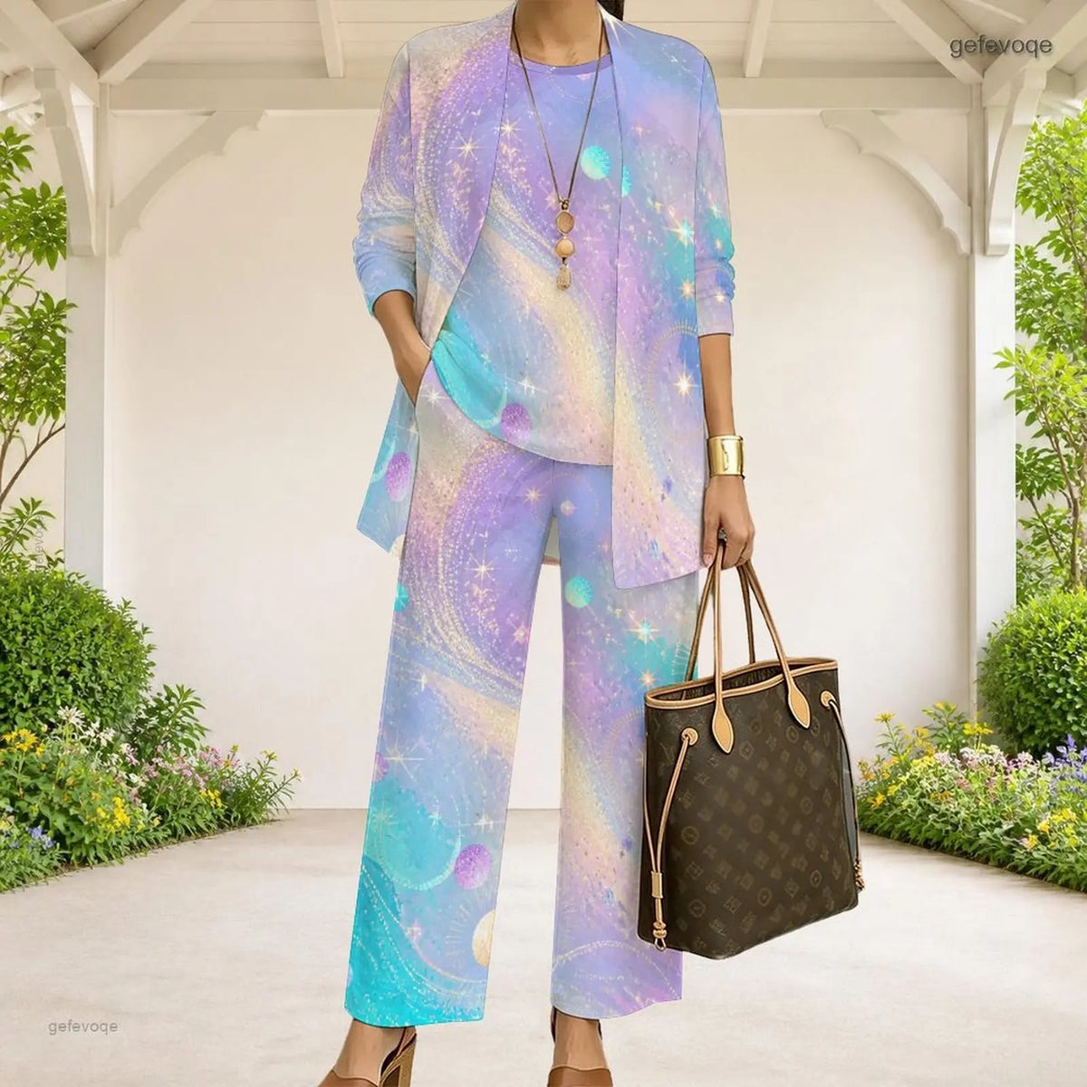 Women Black Dark Green Gold Abstract Swirl Printed 3 Piece Pants Set