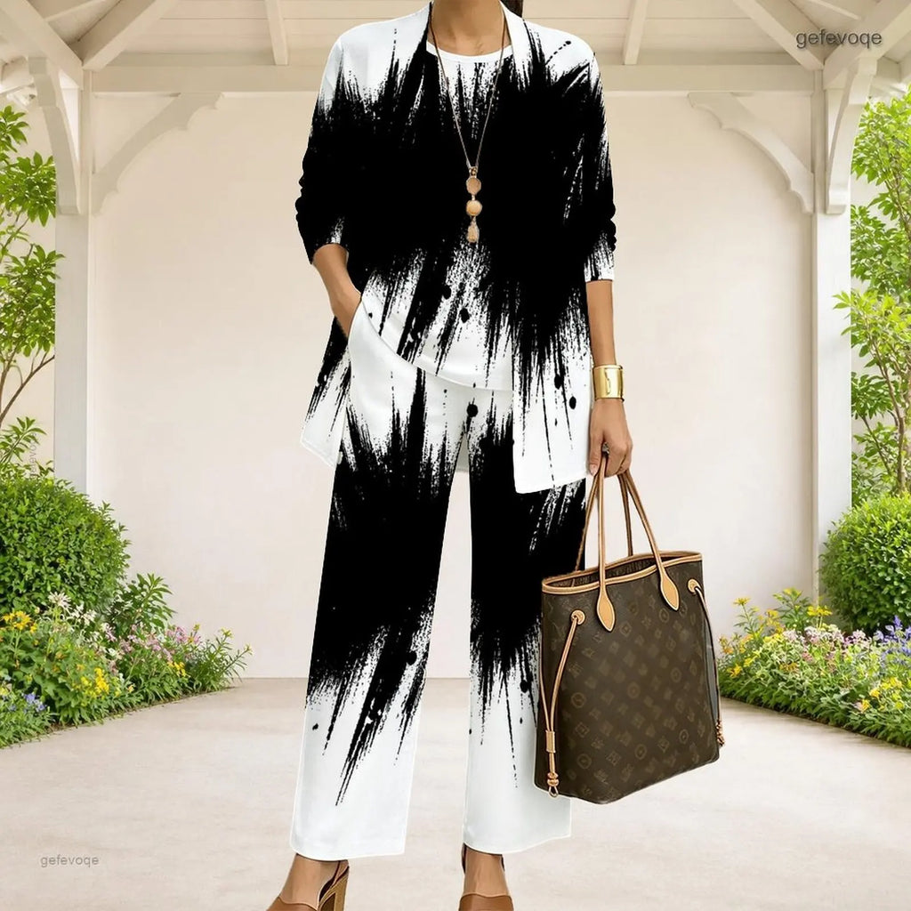 Women Black White Abstract Geometric Printed Long Sleeve Open Front 3