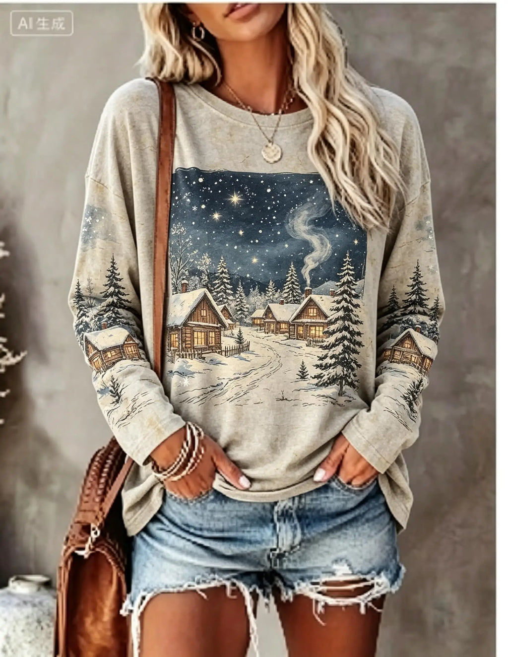 Women Christmas Long Sleeve T‑Shirt Snowman Puppy Tree Gift Snowflake