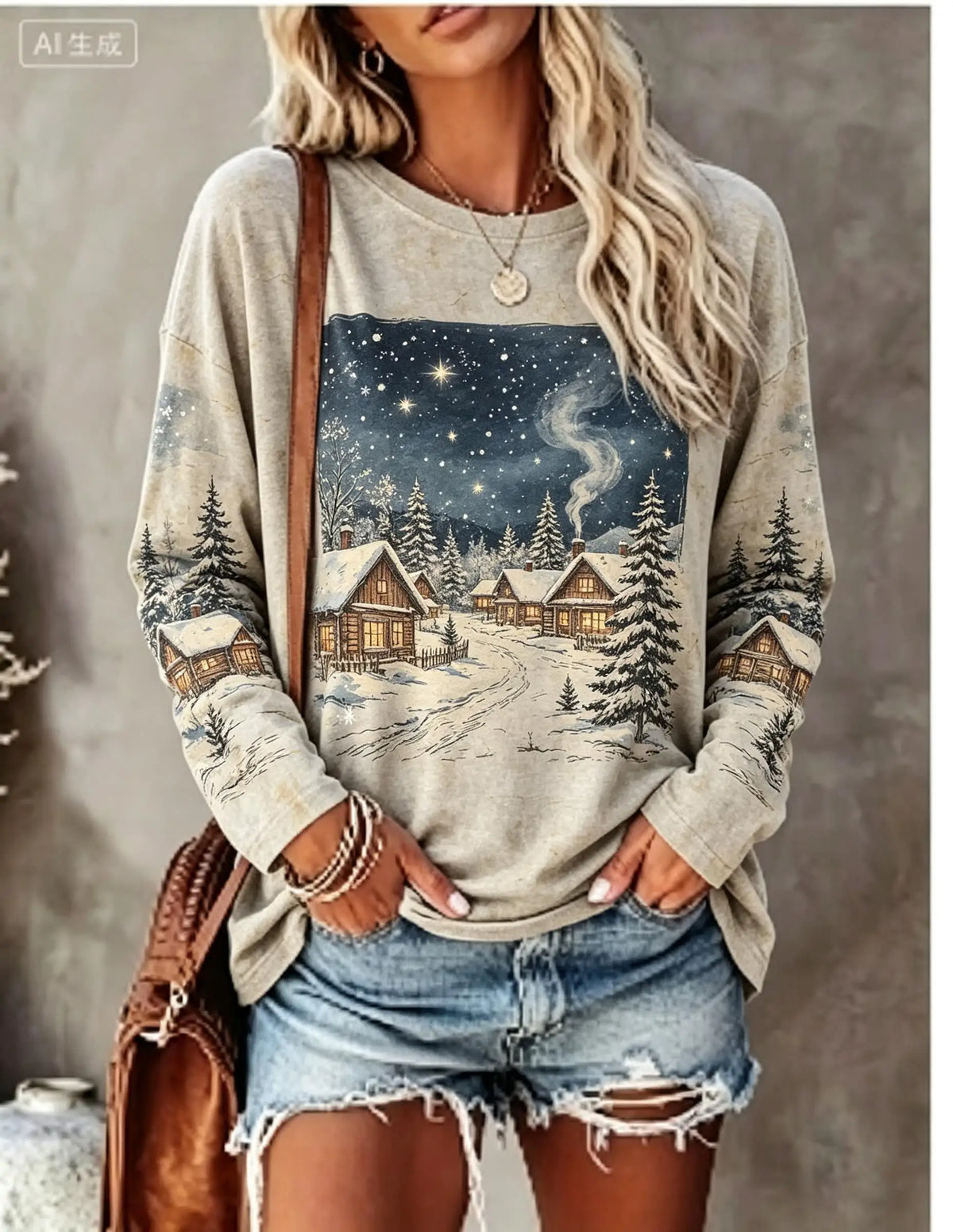 Women Christmas Long Sleeve T‑Shirt Snowman Puppy Tree Gift Snowflake